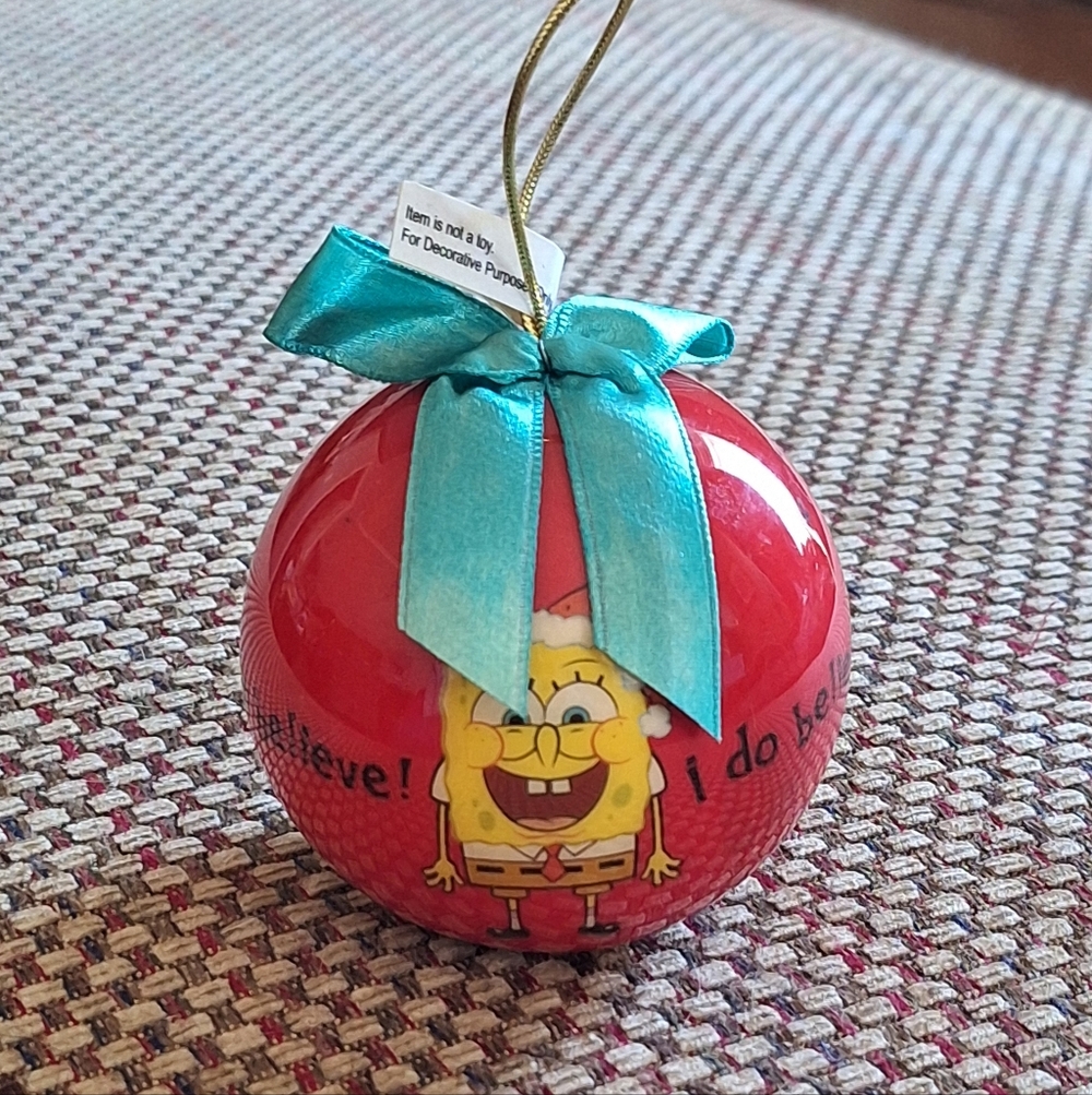 Vintage 2003 SpongeBob I Do Believe Red Christmas Ornament with Green Bow
